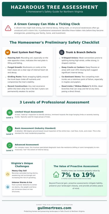 Infographic on hazardous tree assessment in Falls Church, VA with a safety checklist for local homeowners.