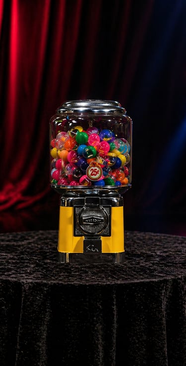 Ray's Lumball machine filled with colorful bouncy balls on a theater stage with red curtains.