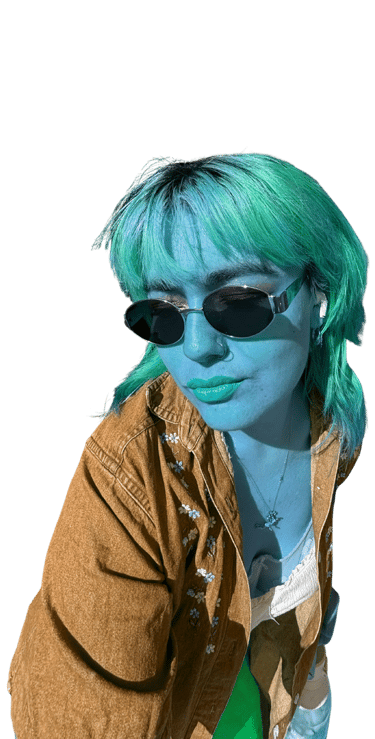 a woman with green hair and sunglasses on a black background
