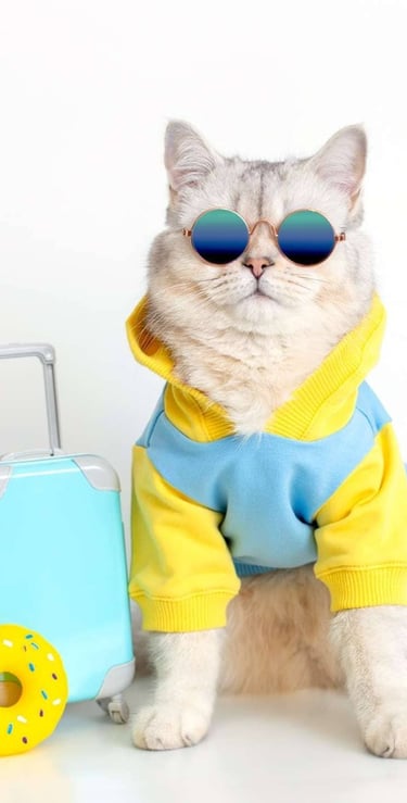 Un gato esponjoso con gafas de sol azules y una sudadera con capucha amarilla, junto a su maleta