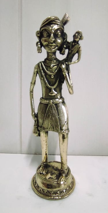 "Handcrafted brass tribal man carrying child on shoulder–front view-Sent overseas"