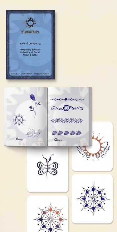 A collection of temporary body art designs featuring floral, tribal, and Celtic tattoo patterns.