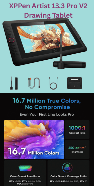 XPPen Artist 13.3 Pro V2 drawing tablet with stylus and color gamut technical specifications.