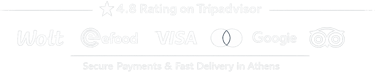 Logos for Wolt, efood, Visa, Mastercard, and Google showing secure payments and 4.8 TripAdvisor rating in Athens.