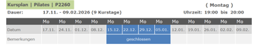 Kurs P2260 Pilates für Anfänger und Fortgeschrittene 