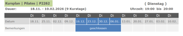 Kurs P2262 Pilates für Anfänger und Fortgeschrittene 