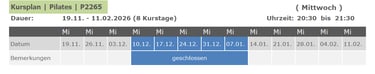 Kurs P2265 Pilates für Anfänger und Fortgeschrittene 