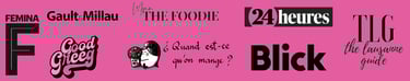 Logos de presse et influenceurs parlant du restaurant Histoire Sans Faim à Lausanne