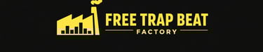 Free Trap Beat Factory brand banner, yellow industrial logo and bold typography on dark background.