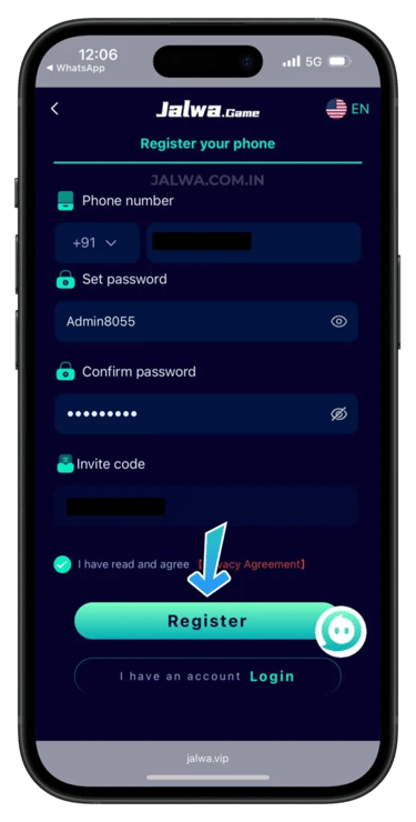 Jalwa Game registration page with fields for phone number, password, and invite code.