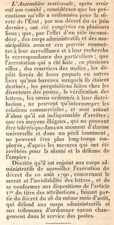 Loi du 10 juillet 1791 concernant le secret et l'inviolabilité des lettres