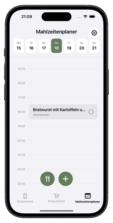 Ansicht zur Mahlzeitenplanung in der ReFridge-App zur Lebensmittelverwaltung