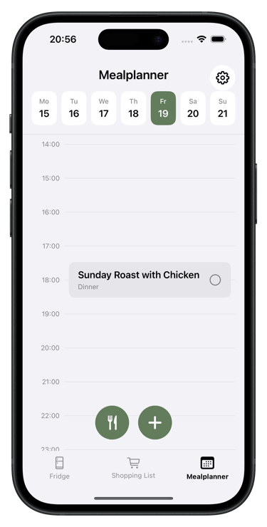 Meal planning view in ReFridge food management app