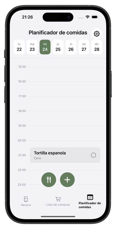 Vista de planificación de comidas en la aplicación de gestión alimentaria ReFridge
