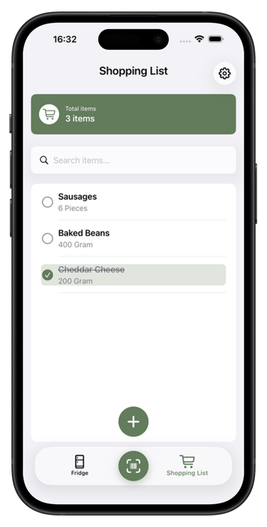 ReFridge app showing a shopping list with items and quantities.