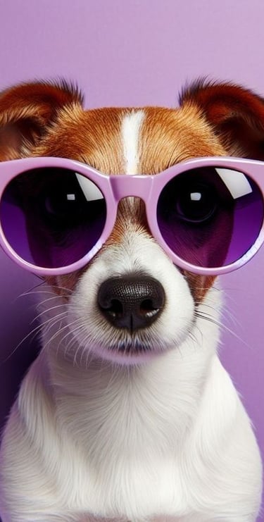 Adorable perro Jack Russell terrier con gafas de sol moradas sobre un fondo morado sólido.