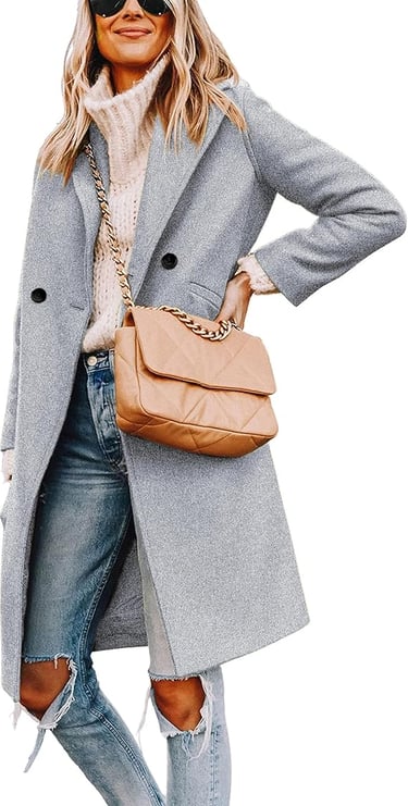 Women’s autumn wool coat with notched lapel, knee-length design, and slim fit in solid color.