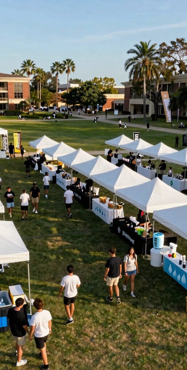 Vibrant photo of students enjoying wellness activities outdoors at Memory Mall during a sunny day