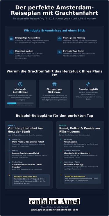 Infografik zum Amsterdam-Reiseplan 2026 mit Tipps zur Grachtenfahrt, Routenplanung und Sehenswürdigkeiten.