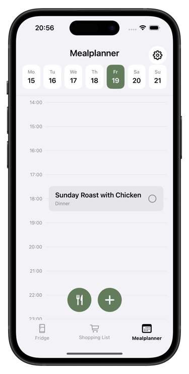 Meal planning view in ReFridge food management app