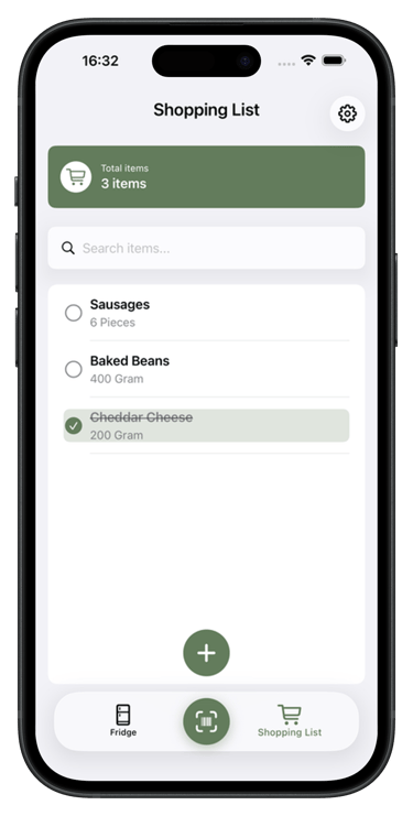 ReFridge app showing a shopping list with items and quantities.