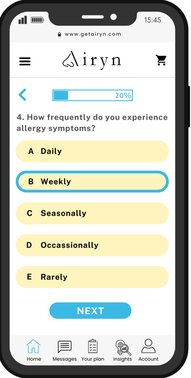 a phone screen showing a list of daily allergy symptoms