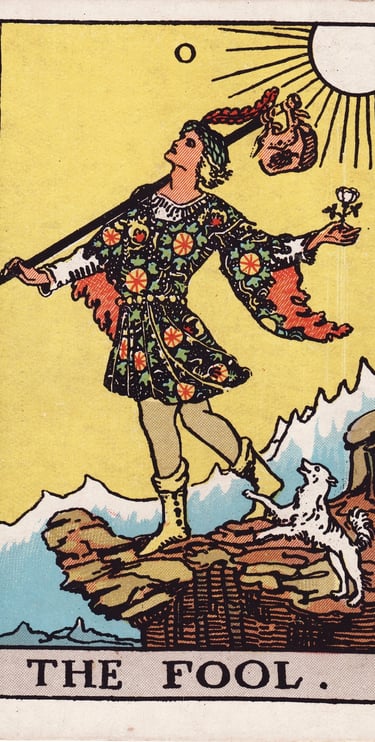 The Fool tarot card meaning – new beginnings, potential, and taking a leap of faith.
