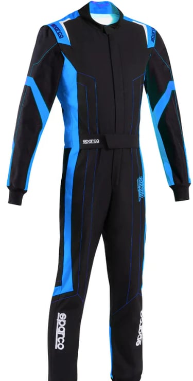 Professional Sparco karting suit in black and cyan blue for racing performance and driver safety.