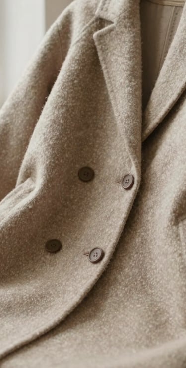 Close-up of a heavy textured wool overcoat fabric draped over a wooden chair, soft natural light, shallow depth of field