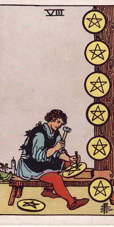 Eight of Pentacles meaning upright and reversed tarot card reading