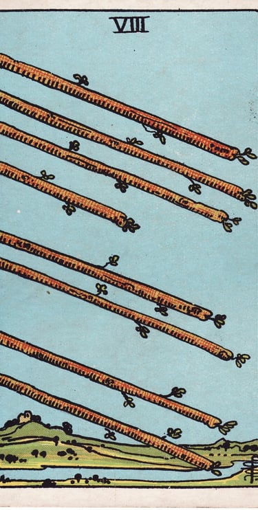 Eight of Wands meaning upright and reversed tarot card reading