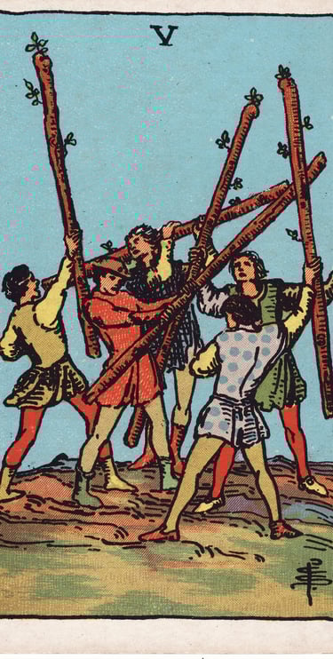 Five of Wands Tarot Card Meaning – Conflict and competition tarot card image symbolizing struggle an