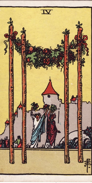 Four of Wands Tarot Card Meaning – Celebration and harmony tarot card image with joyful homecoming e