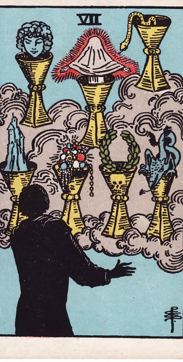 Seven of Cups meaning upright and reversed tarot card reading