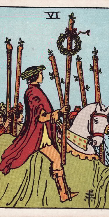 Six of Wands Tarot Card Meaning – Tarot card depicting public success, recognition, and victorious e