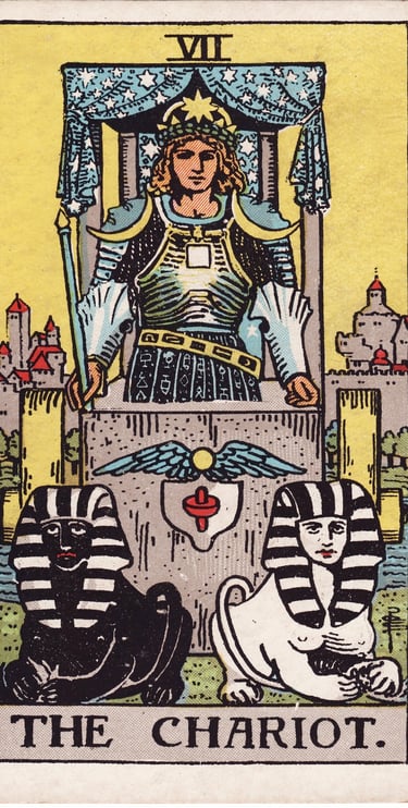 The Chariot tarot card meaning – willpower, victory, and forward movement.