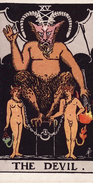 The Devil tarot card meaning – attachment, temptation, and shadow work.