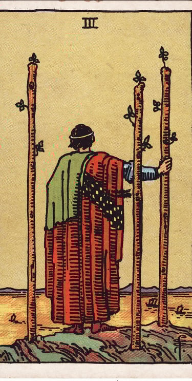 Three of Wands Tarot Card Meaning – Tarot card showing expansion, waiting for results, and long-term