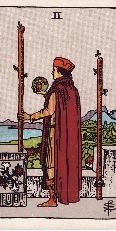 Two of Wands Tarot Card Meaning – Tarot illustration representing planning, decision-making, and loo