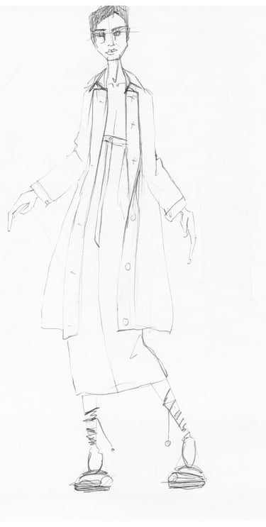 a drawing of a man in a coat and shoes