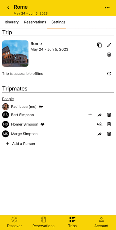 trip settings page showing tripmates