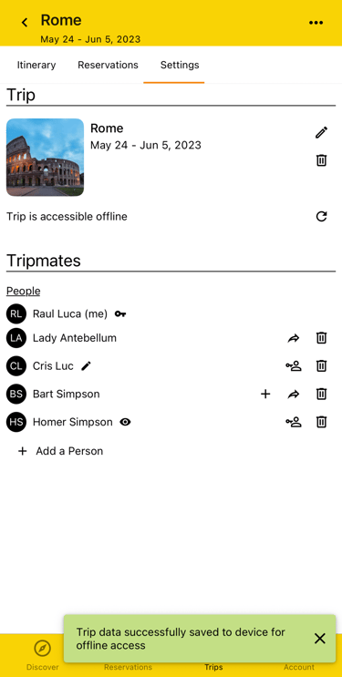 screen showing where to activate offline mode in trip settings
