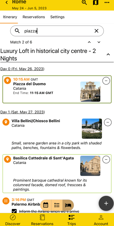 itinerary by lodging view with search highlighted results