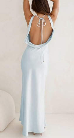light blue dress with u shaped back and tie