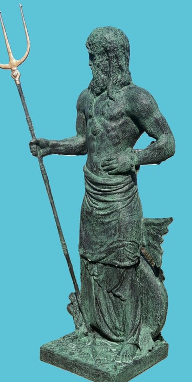 Statue of Neptune holding a gold-tipped trident