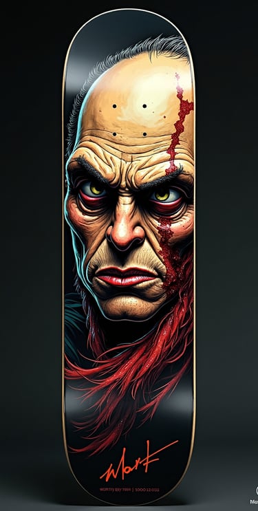 Custom skateboard deck featuring a detailed illustration of a sinister man's face with a bloody scar.