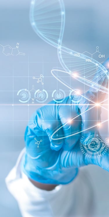 Gene therapy innovation visual showing DNA strand on transparent monitor for research biosafety cons