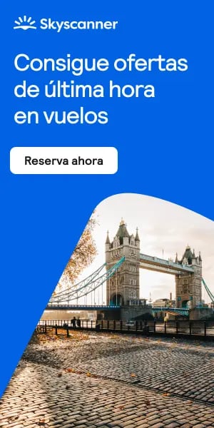 Skyscanner banner offering last minute flight deals to London featuring the iconic Tower Bridge.