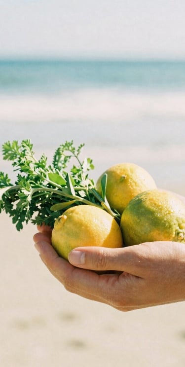 Hands gently holding fresh, sun-dappled coastal herbs and citrus fruits, soft warm daylight, shallow depth of field