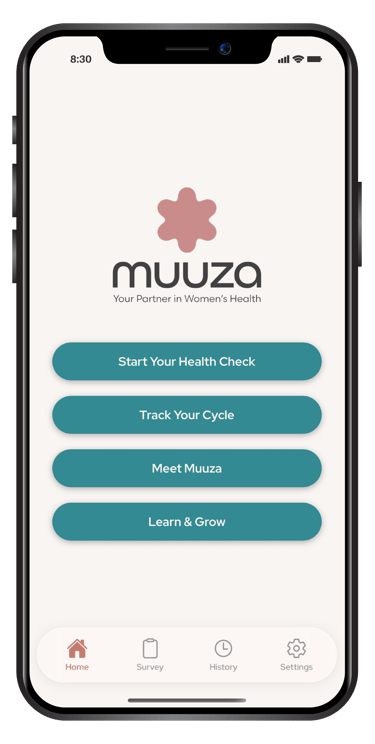 Muuza women's health app interface on a smartphone showing health check and cycle tracking options.
